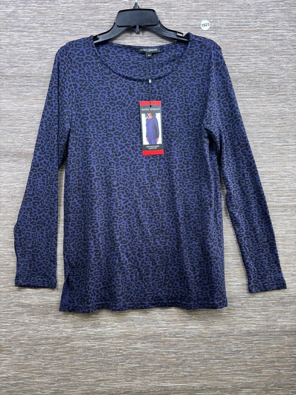Mario Serrani Leopard Print Top Womens M Blue Black Crew Neck Long Sleeve NEW